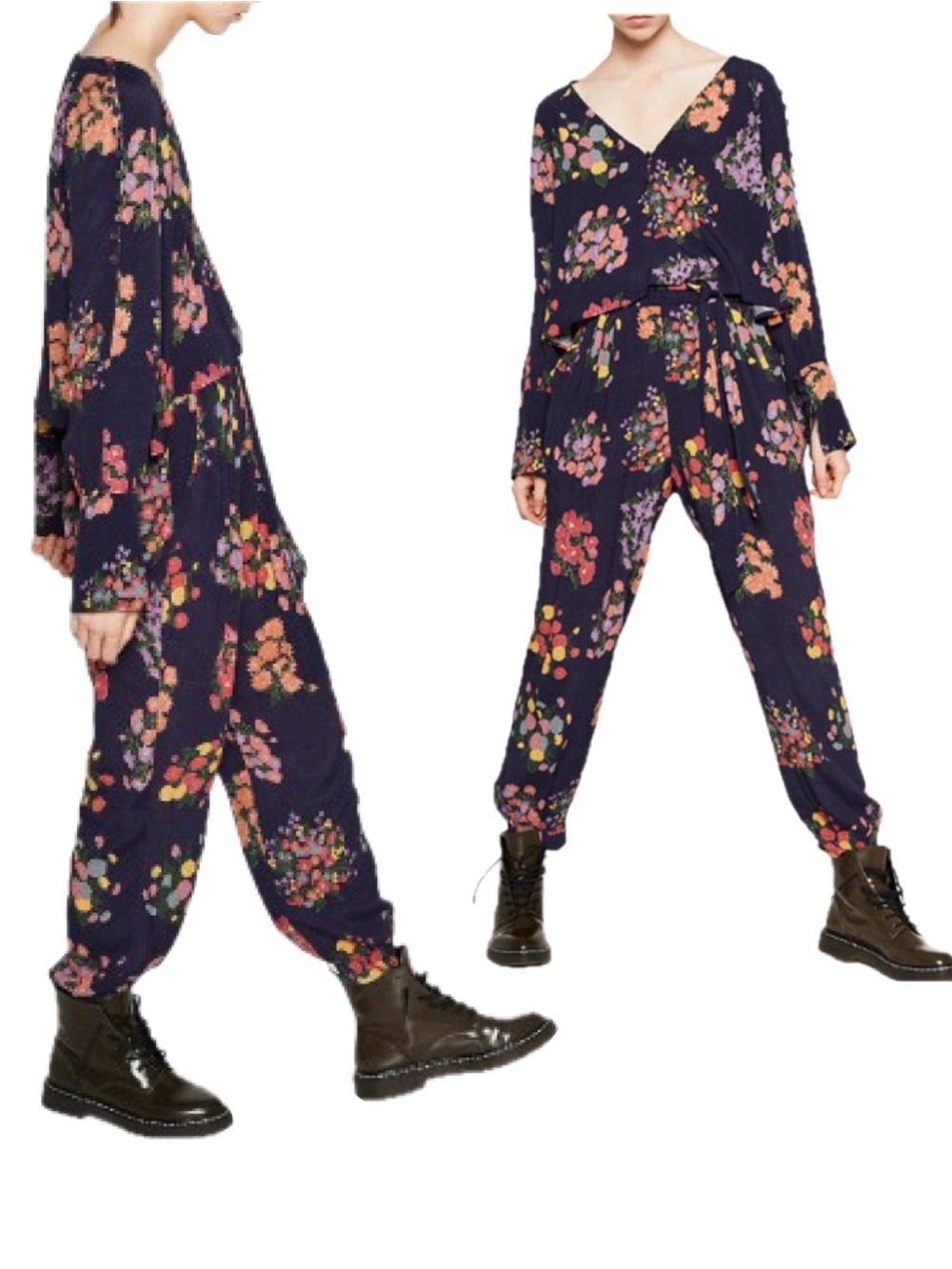 Zara Navy blue floral flower harem trouser pants Sz S